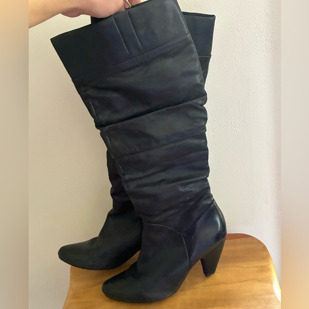 Black Leather Knee-High Boots Zip Up
